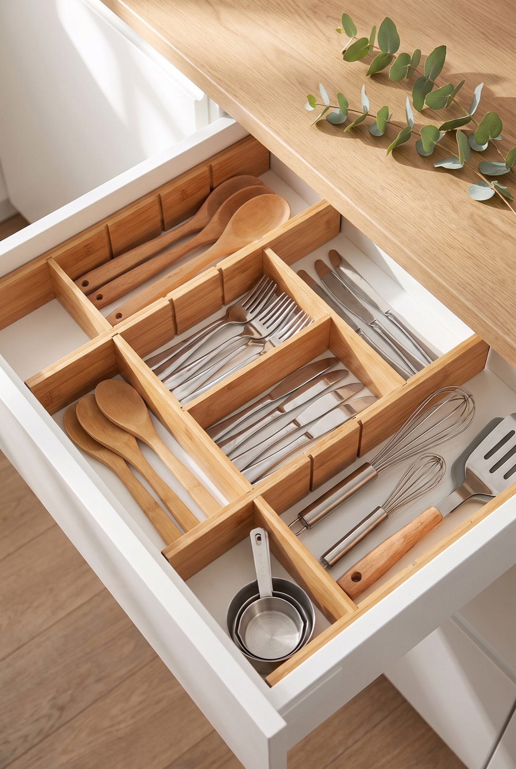 Warm overhead view of a bamboo-organised kitchen drawer with utensils and eucalyptus