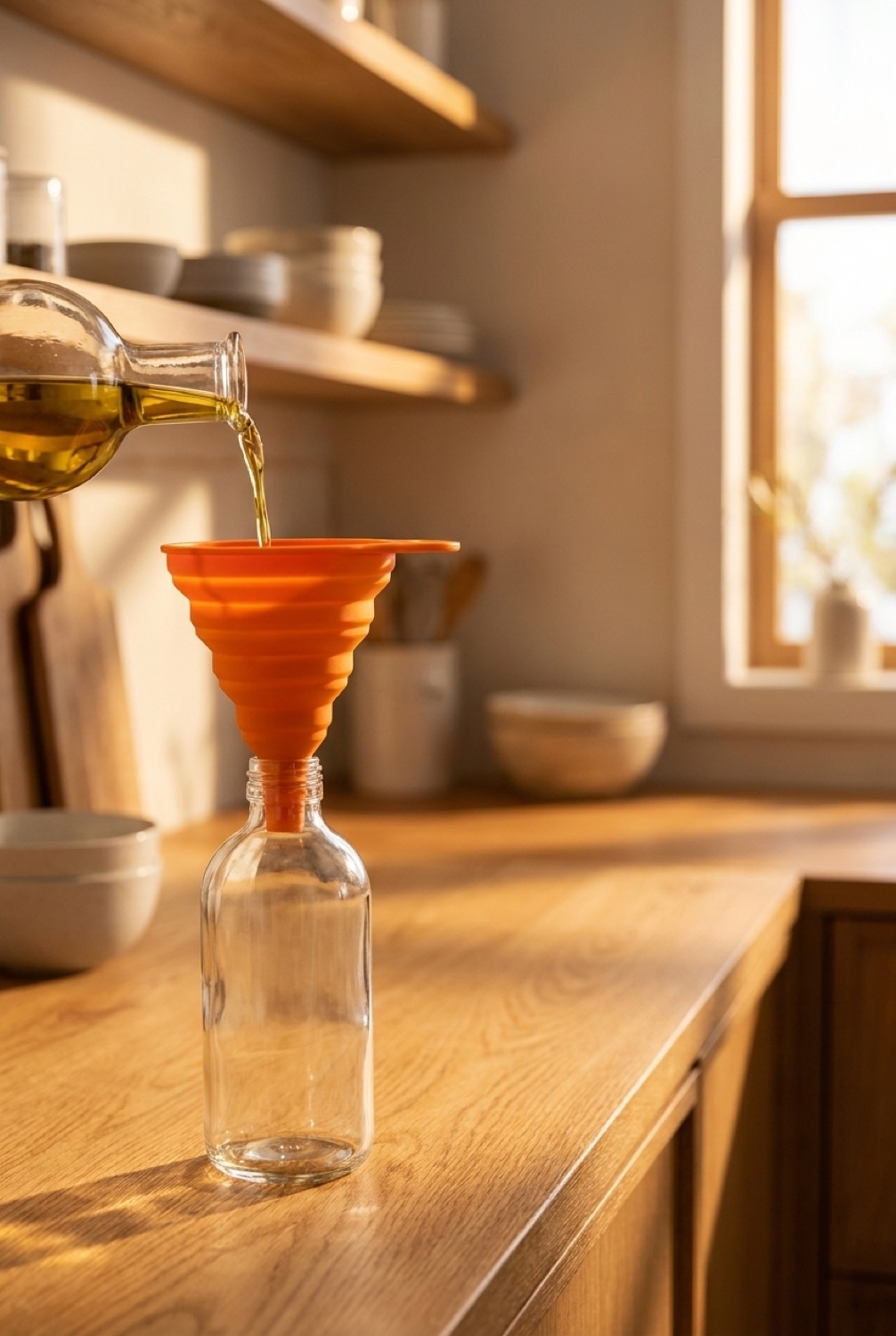collapsible kitchen funnel on a warm oak kitchen counter in soft golden-hour light