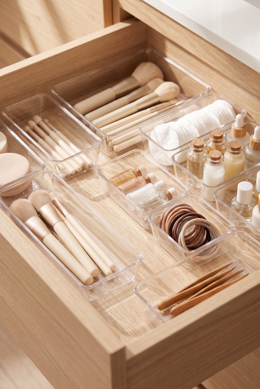 Neatly organised drawer with clear acrylic dividers holding everyday essentials