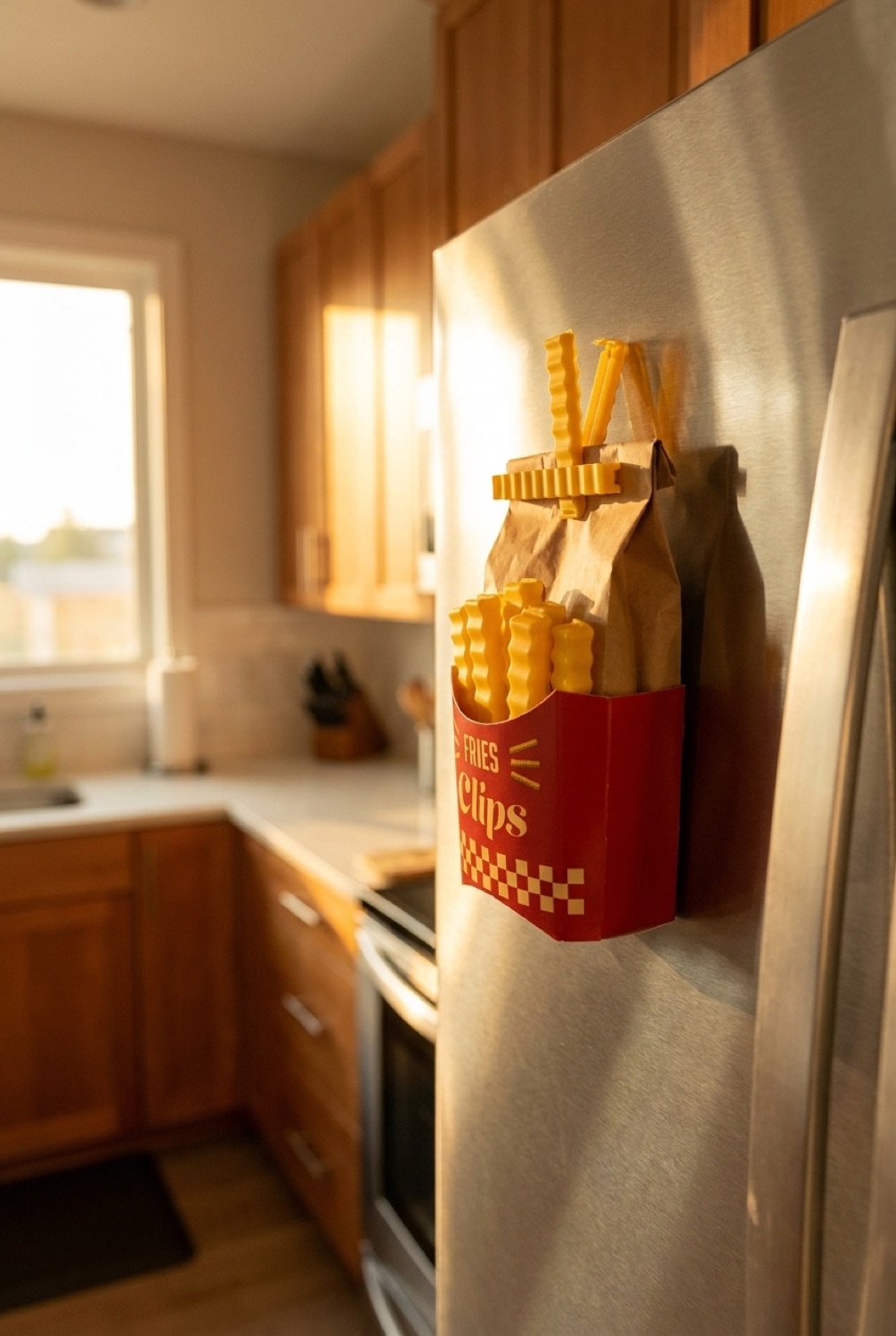 fries bag clips on a warm oak kitchen counter in soft golden-hour light