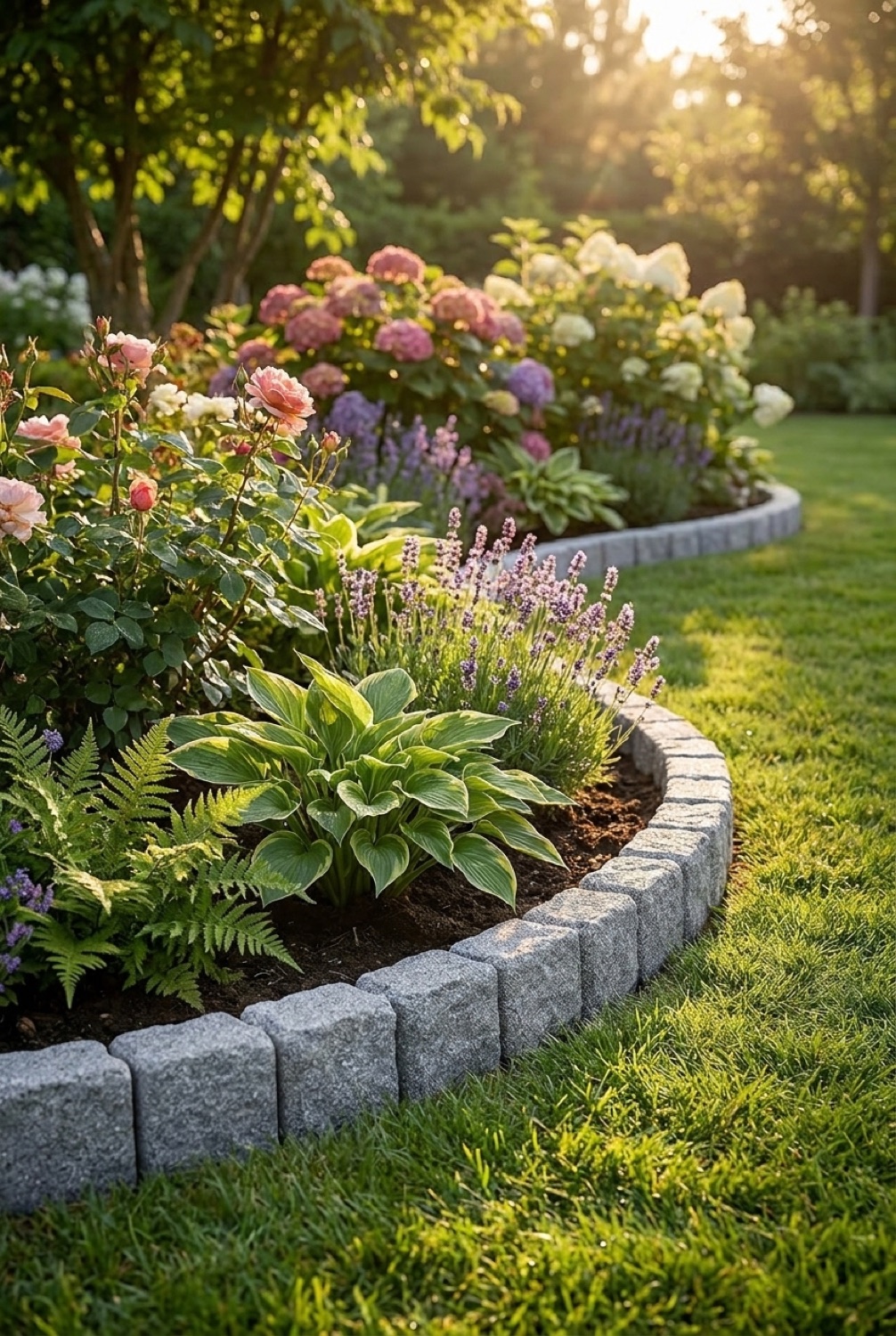 Garden Edging Border in a sunny calm garden in soft golden-hour light