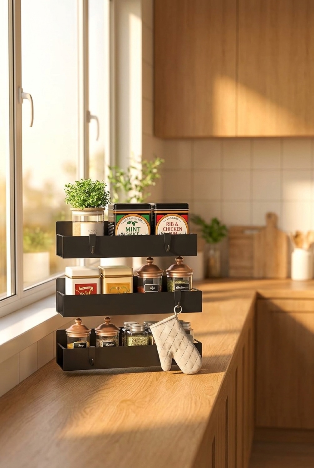 Magnetic Spice Rack in a minimalist Scandinavian kitchen in soft golden-hour light