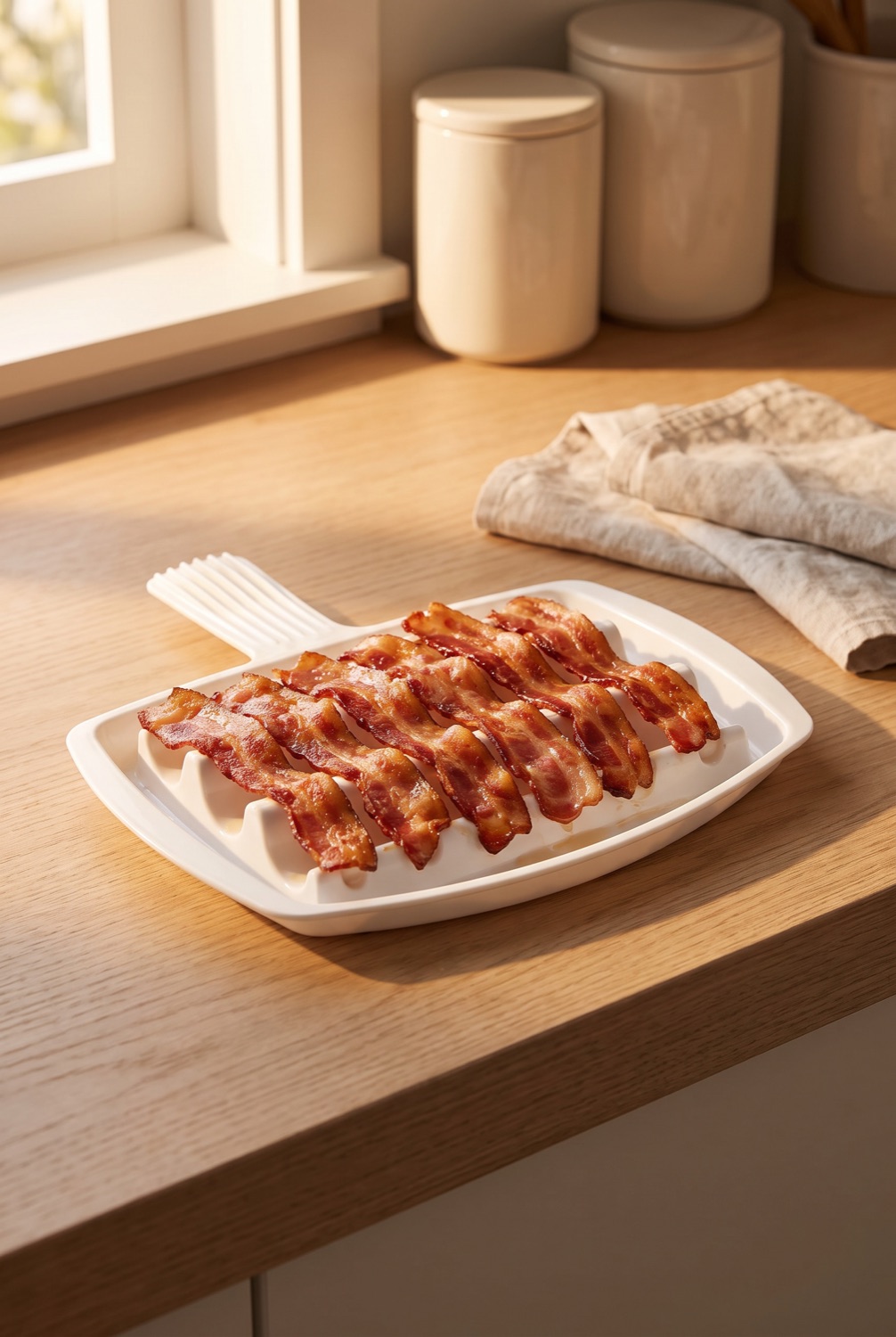 microwave bacon rack on a warm oak kitchen counter in soft golden-hour light