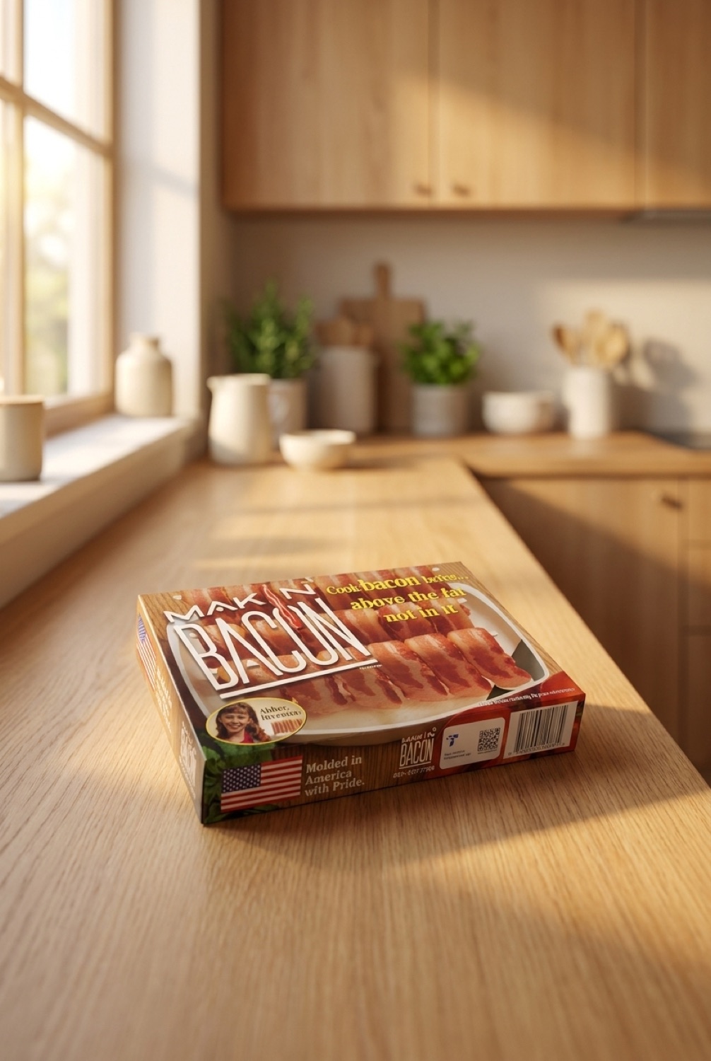 microwave bacon rack on a warm oak kitchen counter in soft golden-hour light