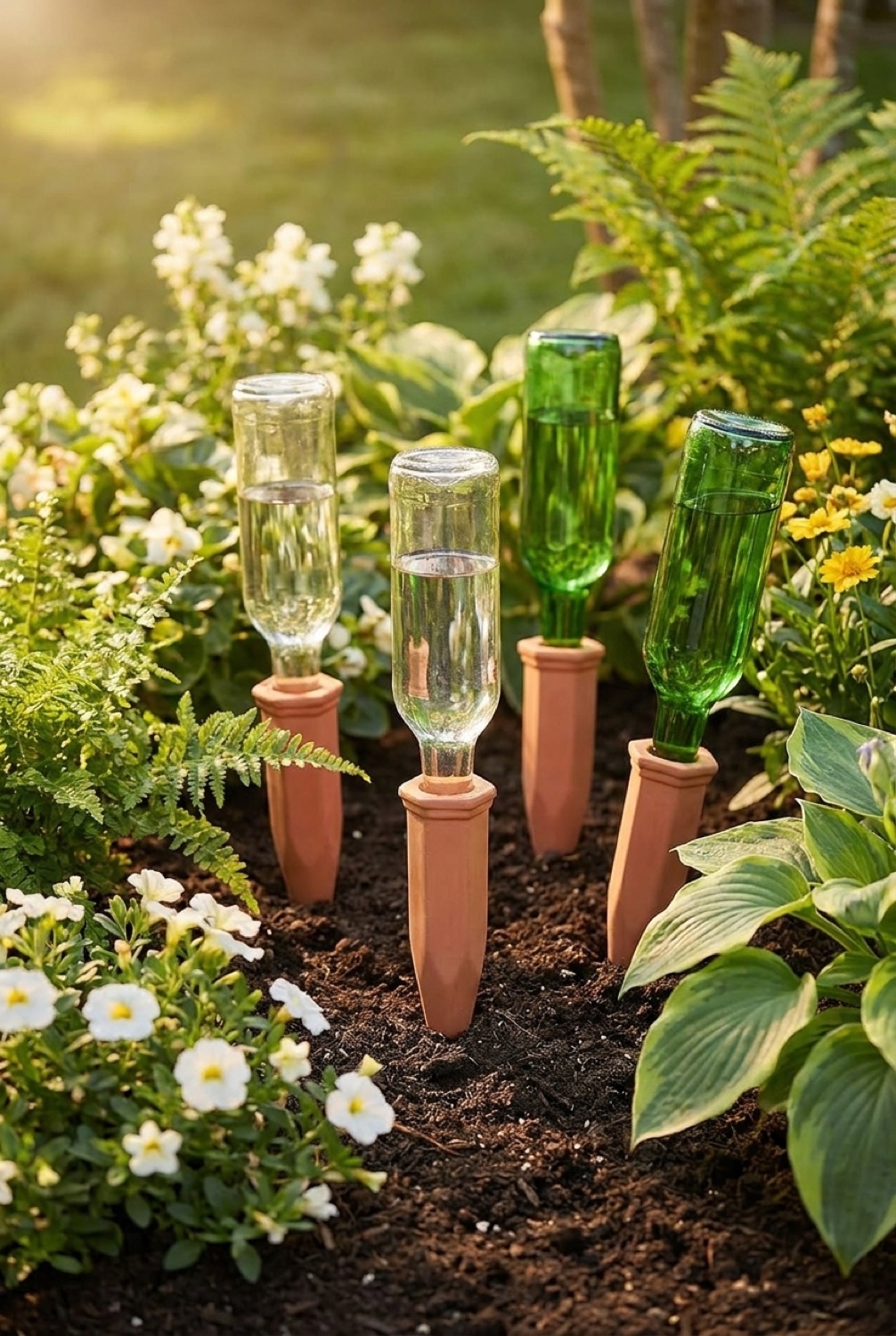 plant watering spikes on a sunny garden patio in soft golden-hour light