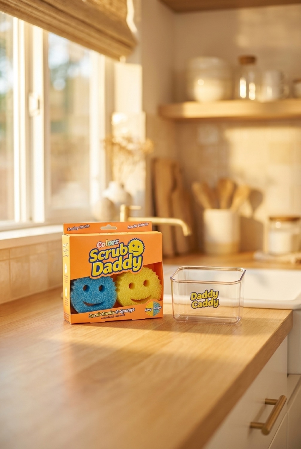 Scrub Daddy Sponges in a calm clean home in soft golden-hour light