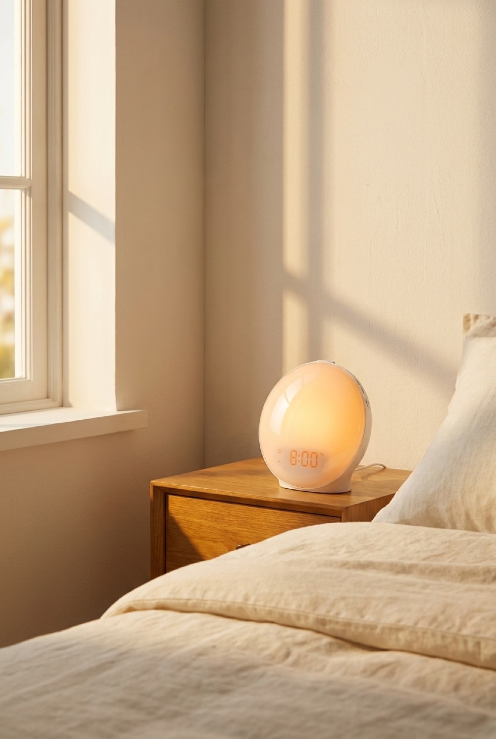 sunrise alarm clock in a warm cosy living room in soft golden-hour light