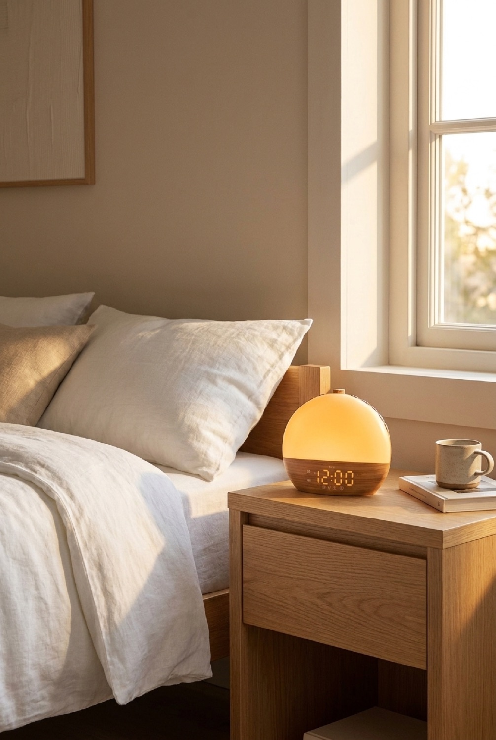 sunrise alarm clock in a warm cosy living room in soft golden-hour light