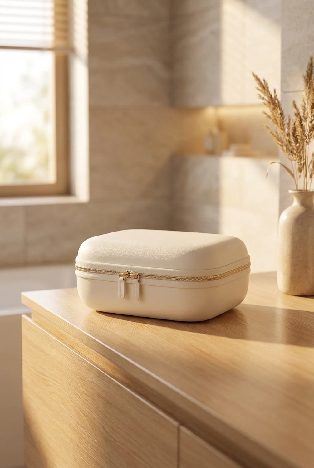 Travel Makeup Case in a calm bathroom vanity in soft golden-hour light