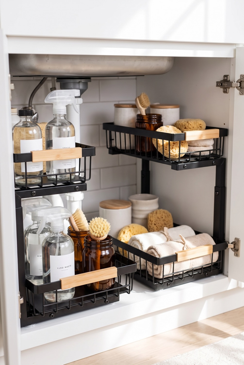Tidy under-sink cabinet with a two-tier pull-out organiser and orderly supplies