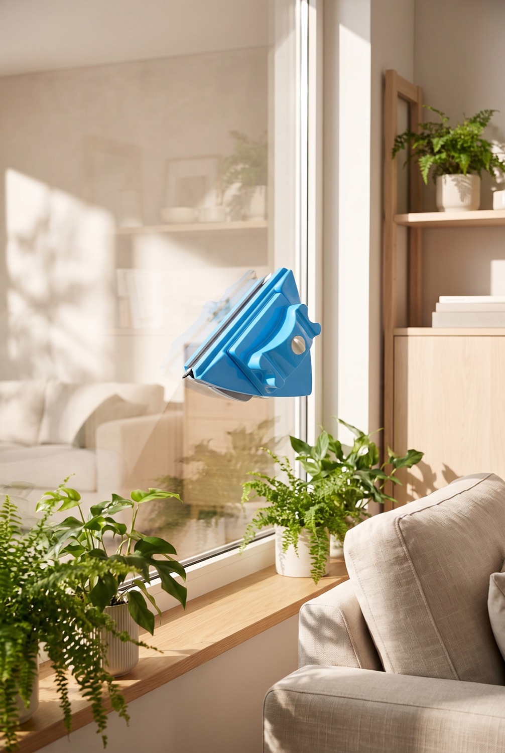 Magnetic window cleaner leaving a sparkling streak on a sunlit living-room window with houseplants